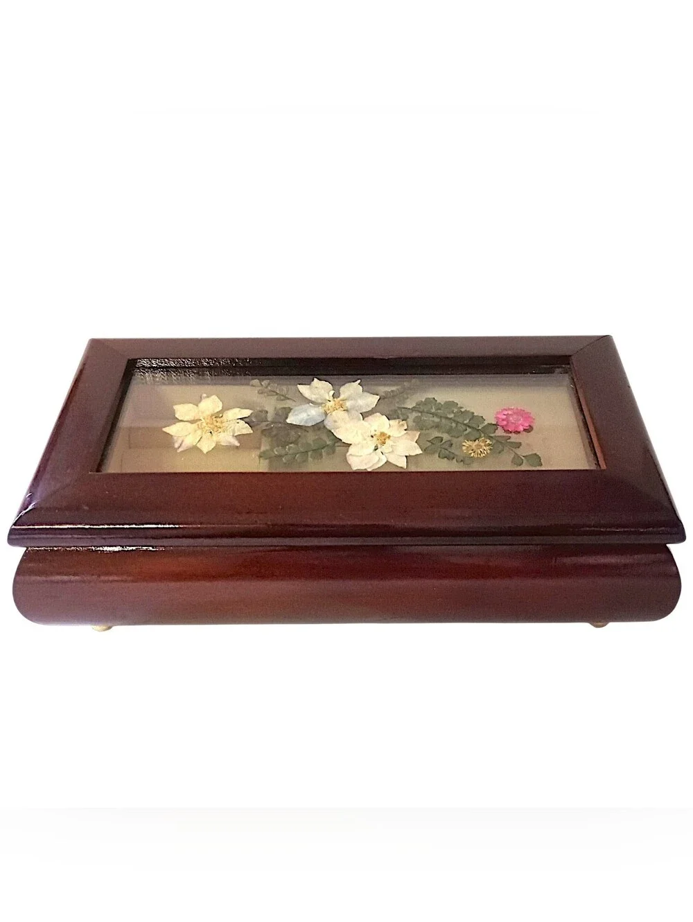 Wood Dried Pressed Flowers‎ Jewelry Box Musical Plays Nadias Theme WORKS Vtg 90s